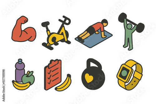 Fitness and health icons: home workout, nutrition, and exercise gear