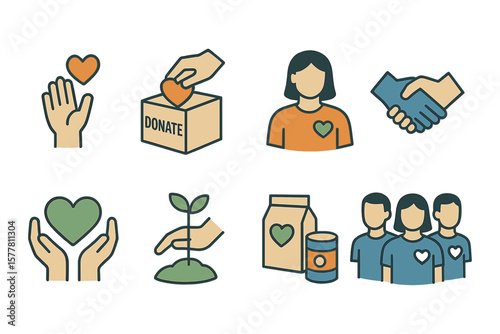 Charity icons: donation, volunteer, and helping hands symbols in flat design