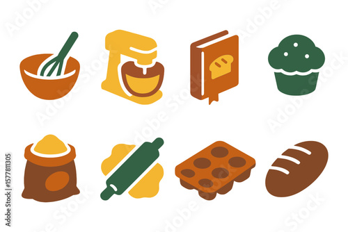 Colorful baking icons set with mixer, cookbook, and cupcake