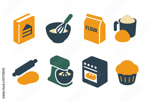 Colorful baking icons set featuring cookware and ingredients for culinary projects