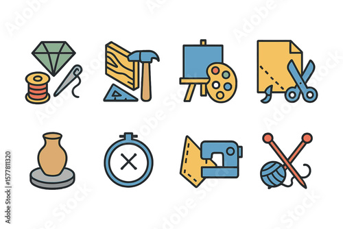 Creative crafts: icon set featuring pottery, sewing, and painting tools