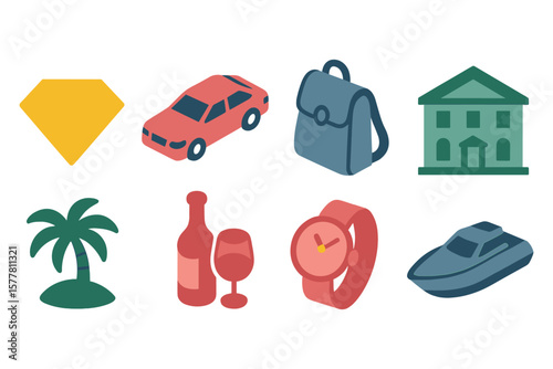 Colorful flat icons set: car, house, watch, wine, diamond, boat, palm, backpack