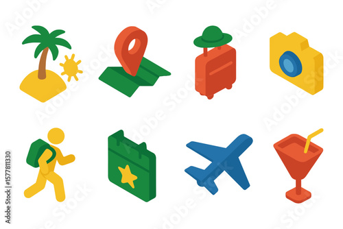 Colorful isometric travel icons for vacation and adventure themes