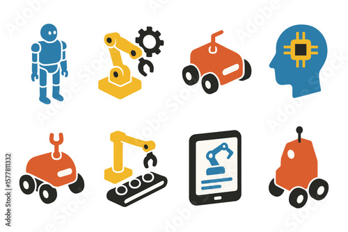 Modern robotics and ai icons set featuring robots, machinery, and technology elements