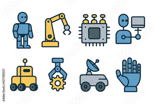 Set of flat robotics and technology icons featuring robots and machinery tools