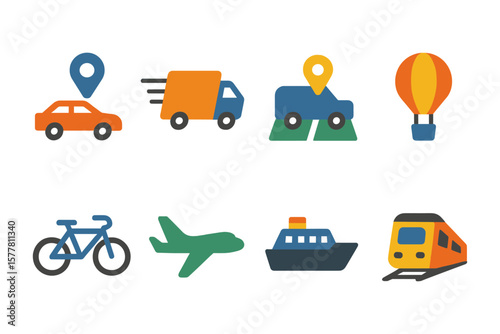Colorful transportation icons set featuring various modes of travel