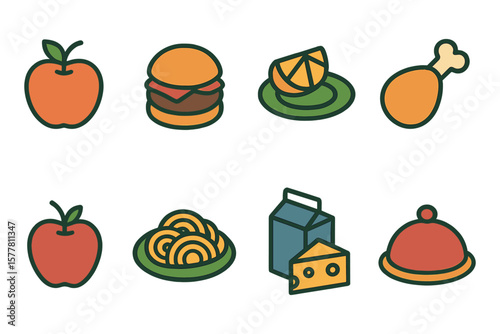 Colorful flat icons of diverse foods including burger, cheese, and fruits