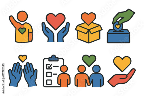 Colorful charity and volunteering icons with hearts and hands