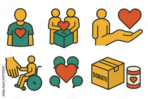 Charity symbols set with heart, donation, and assistance icons