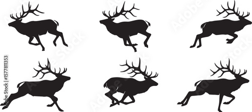 running elk silhouette vector, black and white elk in motion, minimalistic elk running illustration, elk sprint side view silhouette, wild elk in action vector, tribal elk running design, stylized elk