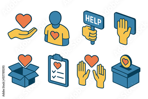 Charity and support icons in colorful isometric style for social campaigns