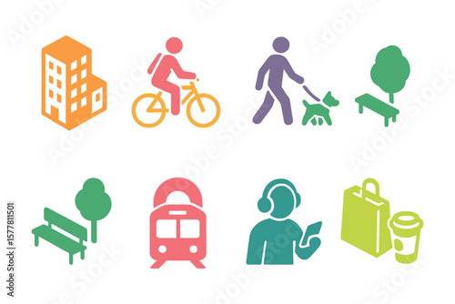 Colorful urban icons: city life activities and essentials in minimalist style