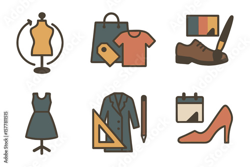 Fashion and design icons: style, apparel, and accessories in flat design