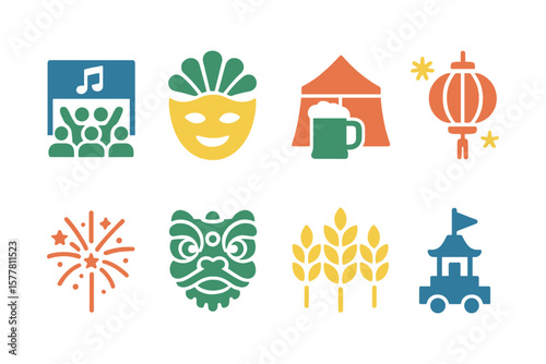 Cultural festival icons featuring celebrations, costumes, and traditional elements