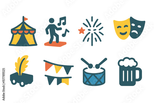 Festive icons set: circus, music, theater, fireworks, and celebration essentials