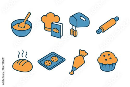 Colorful baking icons set featuring bakery tools and ingredients