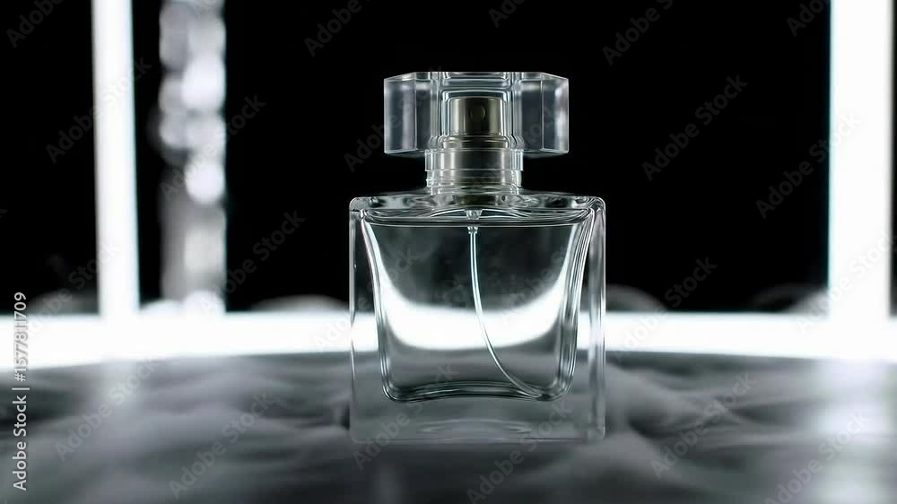 Perfume bottle on a smoky surface with neon lights behind