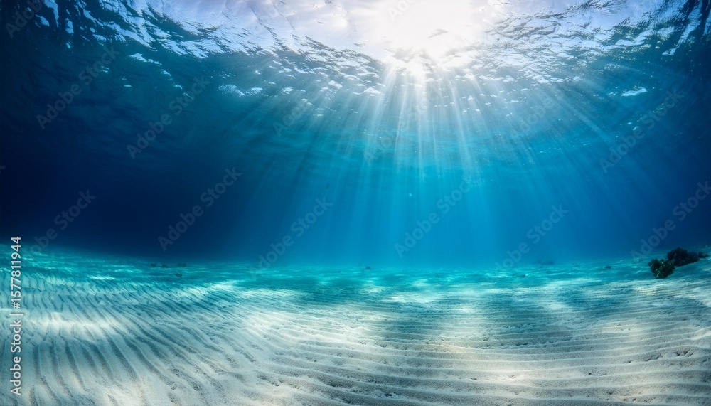 Fototapeta premium turquoise underwater scene with sunlight rays illuminating white sand seabed