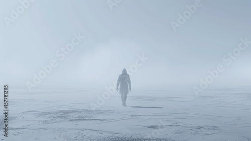 Lone Figure Walking Away into Thick Fog or Whiteout Conditions