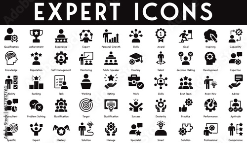 Expert Icons set vector illustration with collection of competence, qualification, professional, solution, specialist, solution, mastery, expert, specific, performance, practice, success, experience.