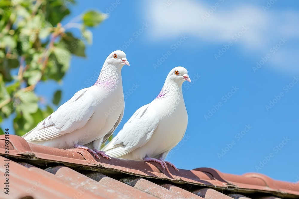 Pigeons elegantly perched on rooftop tiles under a clear blue sky, showcasing their wings, pigeons beautifully waving their wings sit on the roof Pigeons elegantly perched on rooftop tiles under a clear blue sky, showcasing their wings, pigeons beautifully waving their wings sit on the roof