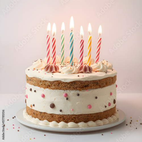 Un exquisito pastel de cumpleaños de vainilla con velas encendidas