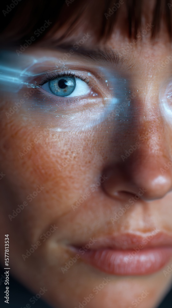 Obraz premium Conceptual image of a digital filter or overlay transforming a person is face, augmented reality. AI effects, fun.