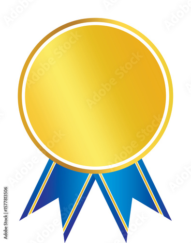 Gold Medal with Blue Ribbon on White Background Representing Achievement