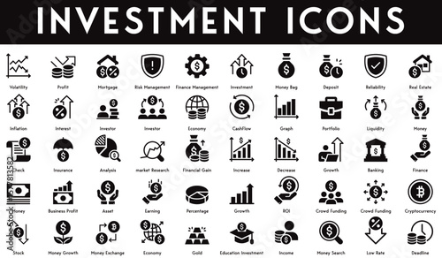 Investment Icons set vector illustration with collection of volatility, deadline, low rate, money search, income, economy, money growth, stock, crowd funding, growth, percentage, increase, interest.