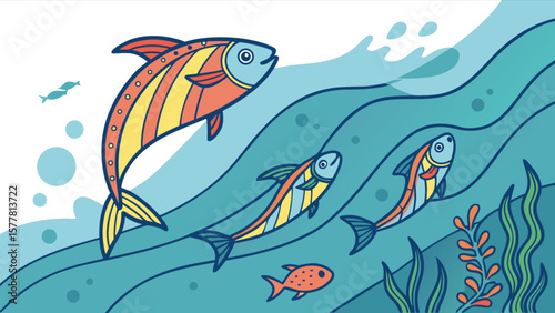 Colorful fish swimming in the ocean illustration vector art design stock graphic underwater life drawing 100