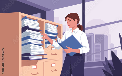 Flat vector Illustration of Woman organizing files in a modern office with large windows and cityscape view