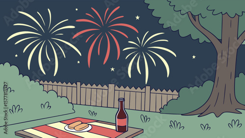 Celebrating fourth of july with fireworks picnic and backyard barbecue party illustration vector design