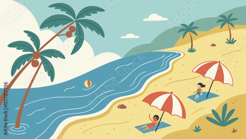 Beach scene vector illustration with palm trees umbrellas and people enjoying summer vacation time at the sea