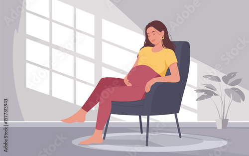 Flat vector Illustration of Pregnant woman resting comfortably in a chair by a sunlit window indoors
