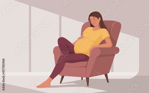 Flat vector Illustration of Pregnant woman relaxing comfortably in a cozy armchair at home with soft natural light