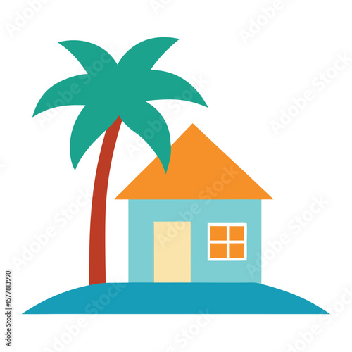 A beach house with palm tree