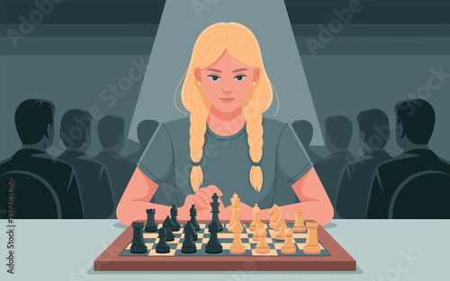 Flat vector Illustration of Young blonde woman focused on playing chess in a tournament with audience watching