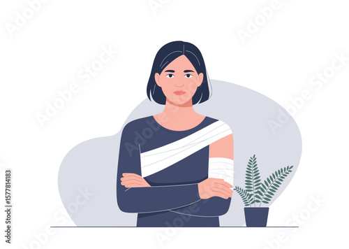 Flat vector Illustration of Young woman with arm sling and bandage after injury or accident