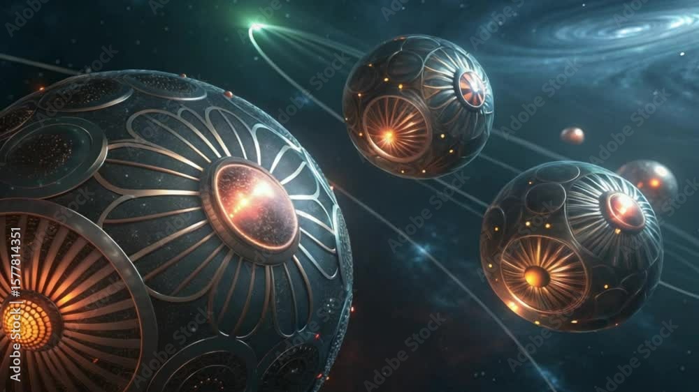 Celestial Orbs Galactic Dance Intricate Design Futuristic Spacecraft Cosmic Journey 4 K Ultra H D Seamless Loop Animation Sci Fi Fantasy Worlds Exploration Adventure Cinematic