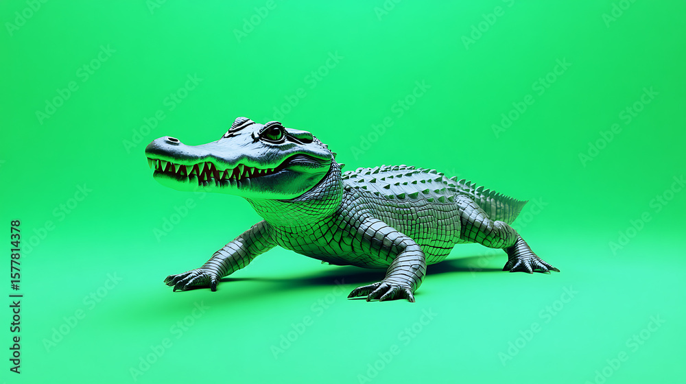 Obraz premium Realistic crocodile model on a vibrant green background, showcasing detailed textures and features