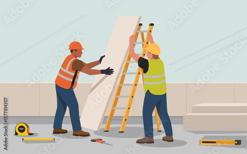 Flat vector Illustration of Two construction workers in hard hats and safety vests lifting a large panel up a ladder