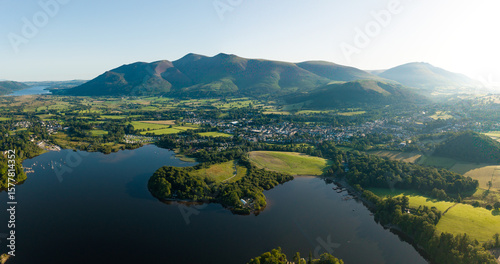 Fotografie Aerial panoramic landscape of Keswick town and Derwentwater lake in the English