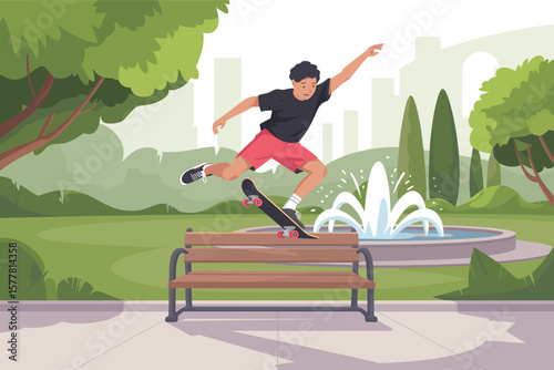 Flat vector Illustration of Young man performing a skateboard trick jumping over a park bench near a fountain