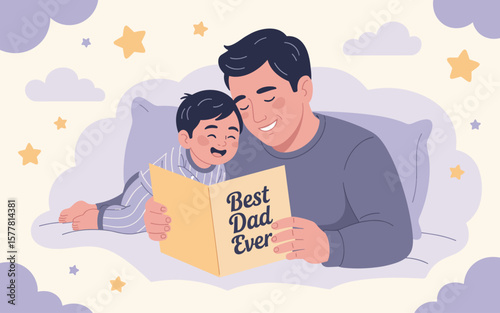 Flat vector Illustration of Father and son reading a book together in bed at night with stars and clouds