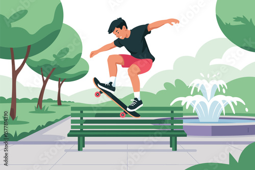 Flat vector Illustration of Young man performing a skateboard trick on a park bench with fountain in background