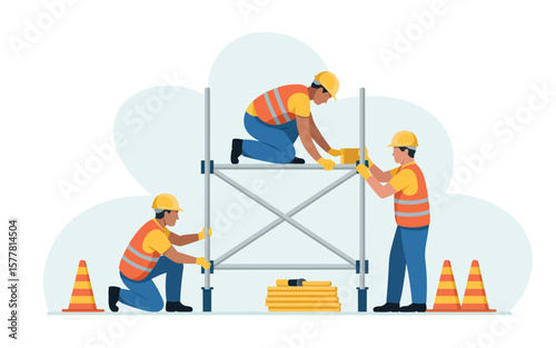 Flat vector Illustration of Construction workers in safety vests and hard hats assembling a metal scaffolding structure