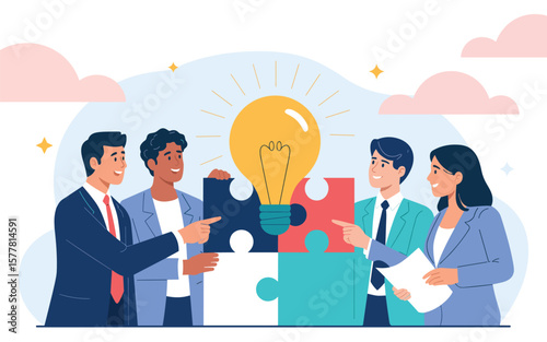Flat vector Illustration of Diverse team collaborates on a bright idea represented by a glowing lightbulb and puzzle pieces