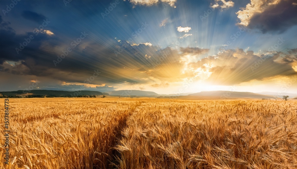 Obraz premium golden wheat field under dramatic sky with sun rays creating a beautiful landscape