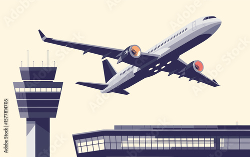 Flat vector Illustration of Modern passenger jet airplane taking off from airport next to control tower and terminal building