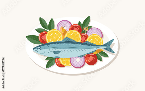 Flat vector Illustration of Flat vector Illustration of Whole mackerel fish served on a plate with fresh vegetables and lemon slices